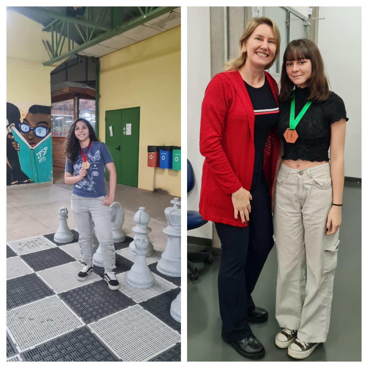 À esquerda Sofia Lopes (Campus Hortolândia), 6º lugar no Xadrez Feminino; à direita Bruna Vitória Peron Lopes (Campus Piracicaba), bronze no Xadrez Feminino, acompanhada da chefe de delegação Lilian Marroni